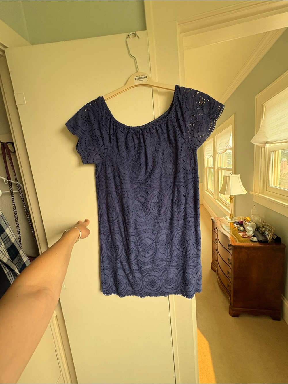 Joie Navy Eyelet Off-Shoulder Tunic